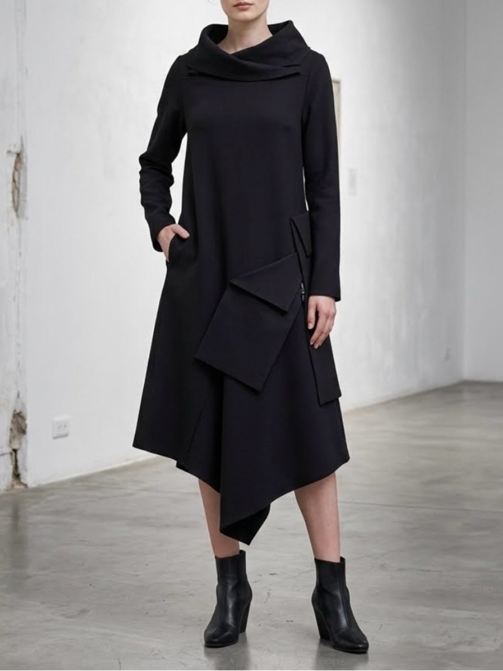 XD Xenia Design Black Asymmetric Avant Garde Midi Dress Lagenlook Drape Collar M